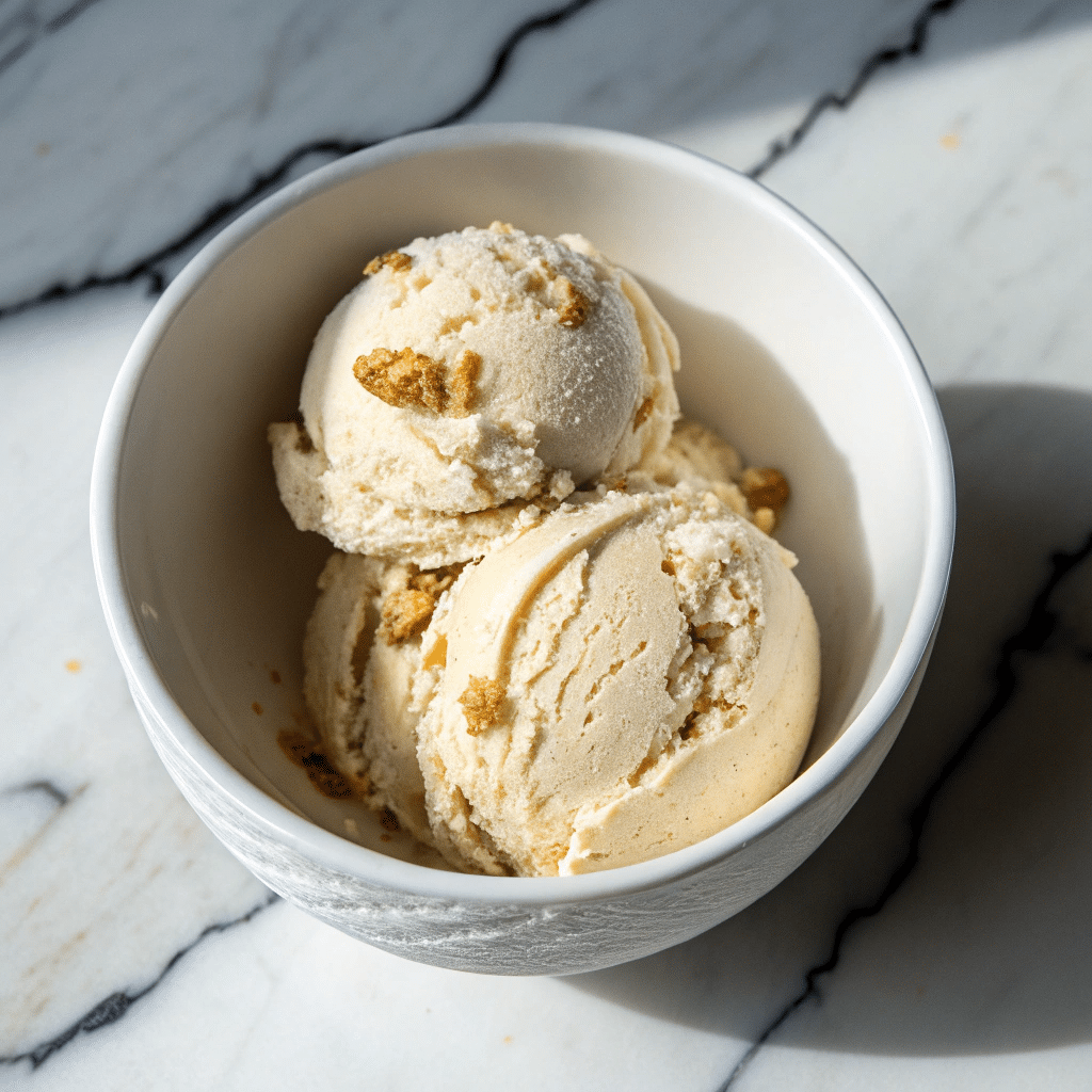 Three scoops of gelato vanilla ice cream with cookie crumbles served in a white bowl on a marble surface.