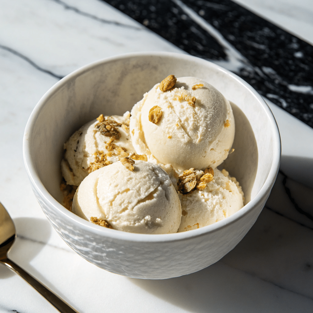 Three scoops of gelato vanilla ice cream with cookie crumbles served in a white bowl on a marble surface.