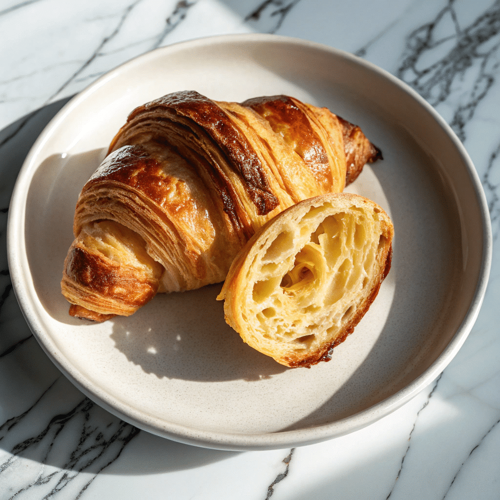 Swiss gipfeli pastry sliced open to reveal its airy, layered interior and golden, flaky crust, served on a beige plate in natural light.
