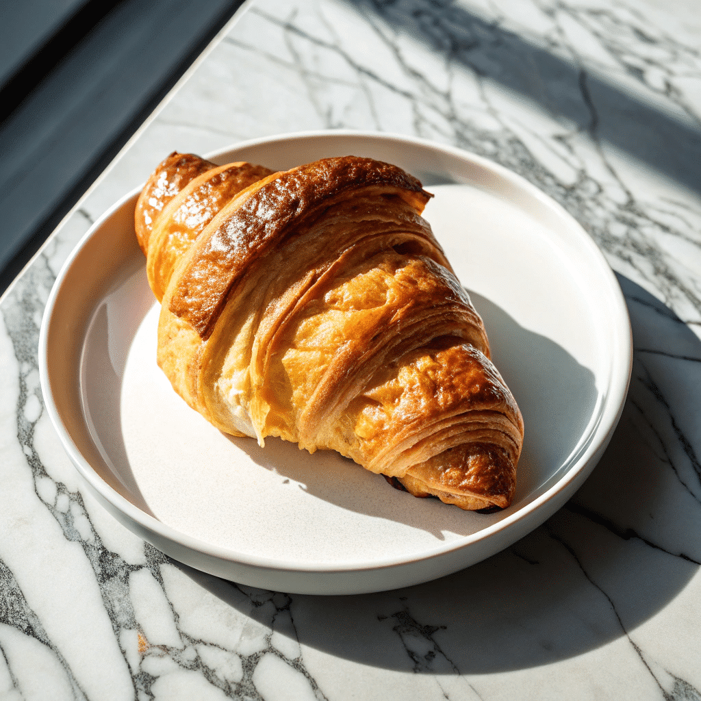 Whole Swiss gipfeli with a shiny, golden-brown crust and defined crescent shape, presented on a beige plate with sunlight highlighting its layers.
