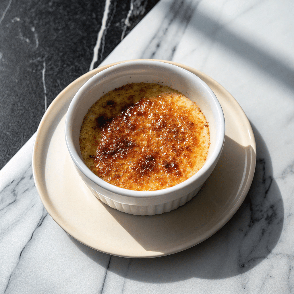 Overhead view of crab brûlée in a white ramekin with a deeply caramelized, golden-brown surface, placed on a cream-colored plate.