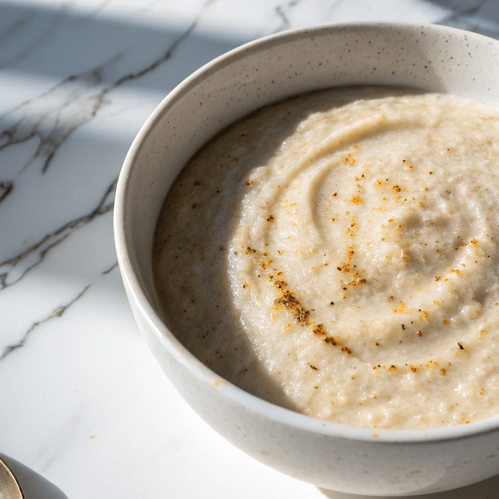 Overhead shot of Cream of Wheat in a bowl, lightly sprinkled with ground spices, on a marble table.