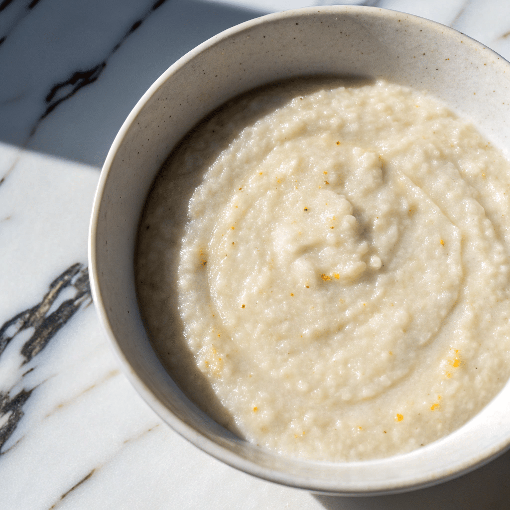 Overhead view of a bowl of plain Cream of Wheat cereal with a smooth, creamy texture on a marble surface.