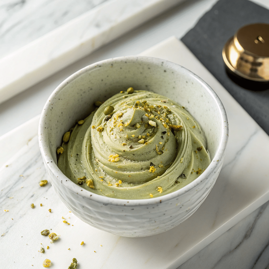 Pistachio cream with a smooth swirl, topped with crushed pistachios and seeds, served in a speckled ceramic bowl on a marble board.