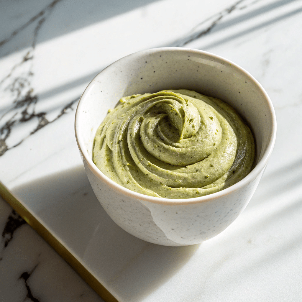 Swirled pistachio cream in a white ceramic bowl on a marble surface, highlighted by natural sunlight.