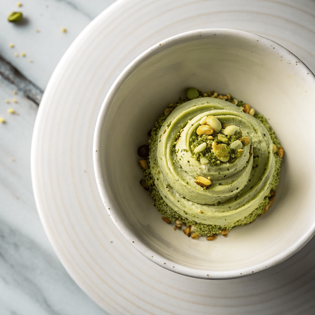 Pistachio cream with a smooth swirl, topped with crushed pistachios and seeds, served in a speckled ceramic bowl on a marble board.