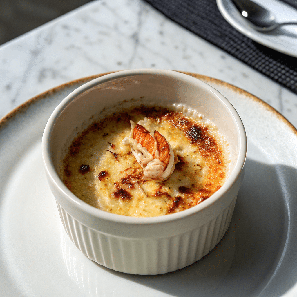 Crab brûlée in a white ramekin, topped with a piece of crab meat, with a caramelized golden surface, served on a white plate.