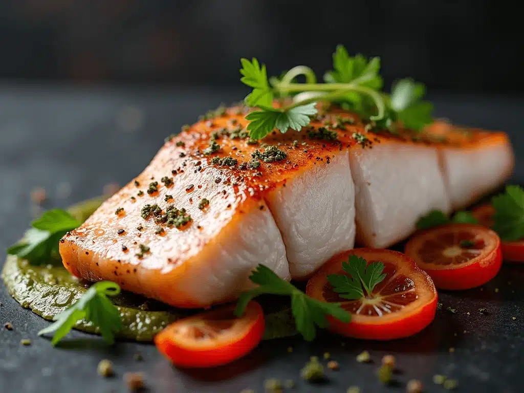 A perfectly cooked swordfish steak with a golden-brown sear, garnished with fresh parsley and sliced cherry tomatoes on a dark slate surface.