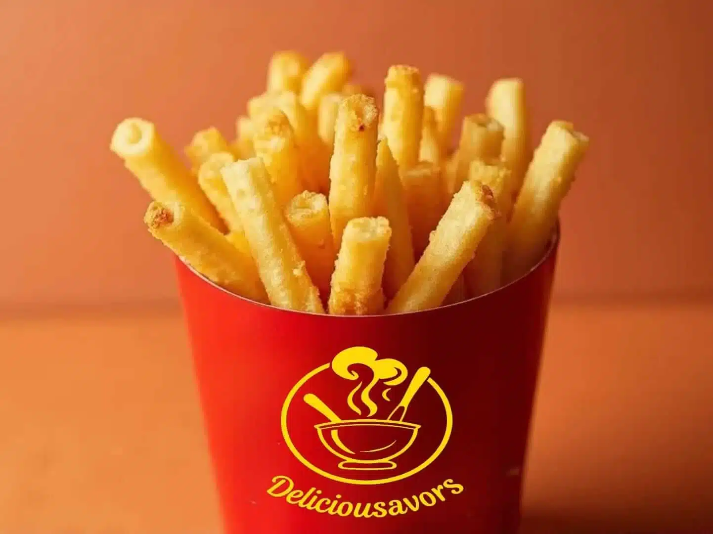 Golden Chick-fil-A waffle fries served in a red container with the Chick-fil-A logo against an orange background.