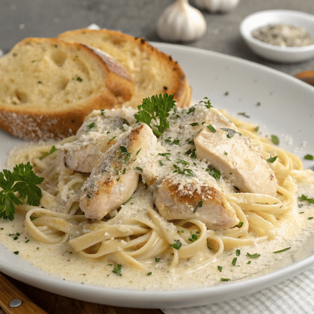 Garlic parmesan chicken pasta with thick chicken slices over fettuccine, smothered in creamy sauce and sprinkled with parsley, served with toasted bread.