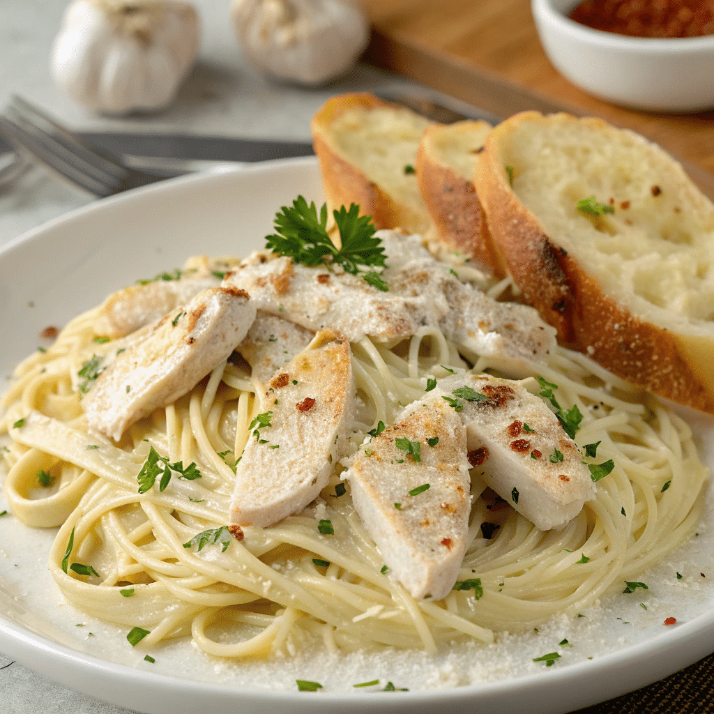 Garlic parmesan chicken pasta with grilled chicken slices over spaghetti, topped with creamy sauce, parsley, and served with garlic bread slices.