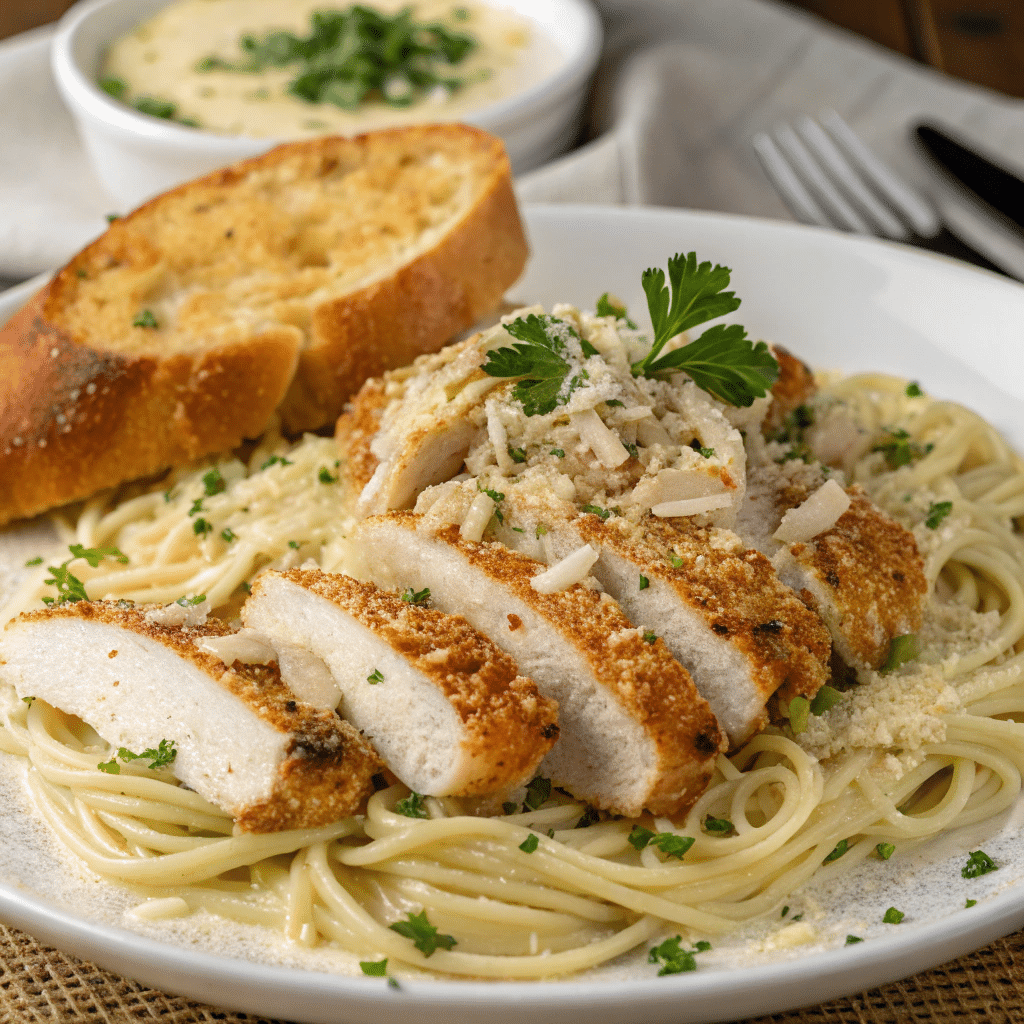 Plate of garlic parmesan chicken pasta with sliced breaded chicken breast over spaghetti, topped with parmesan cheese and parsley, served with garlic bread.