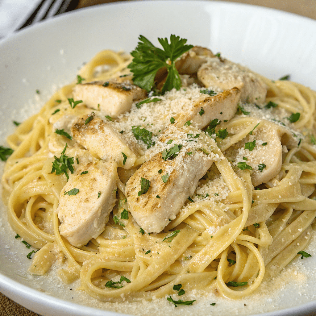 Bowl of garlic parmesan chicken pasta with grilled chicken pieces over fettuccine, garnished with parmesan cheese and chopped parsley.