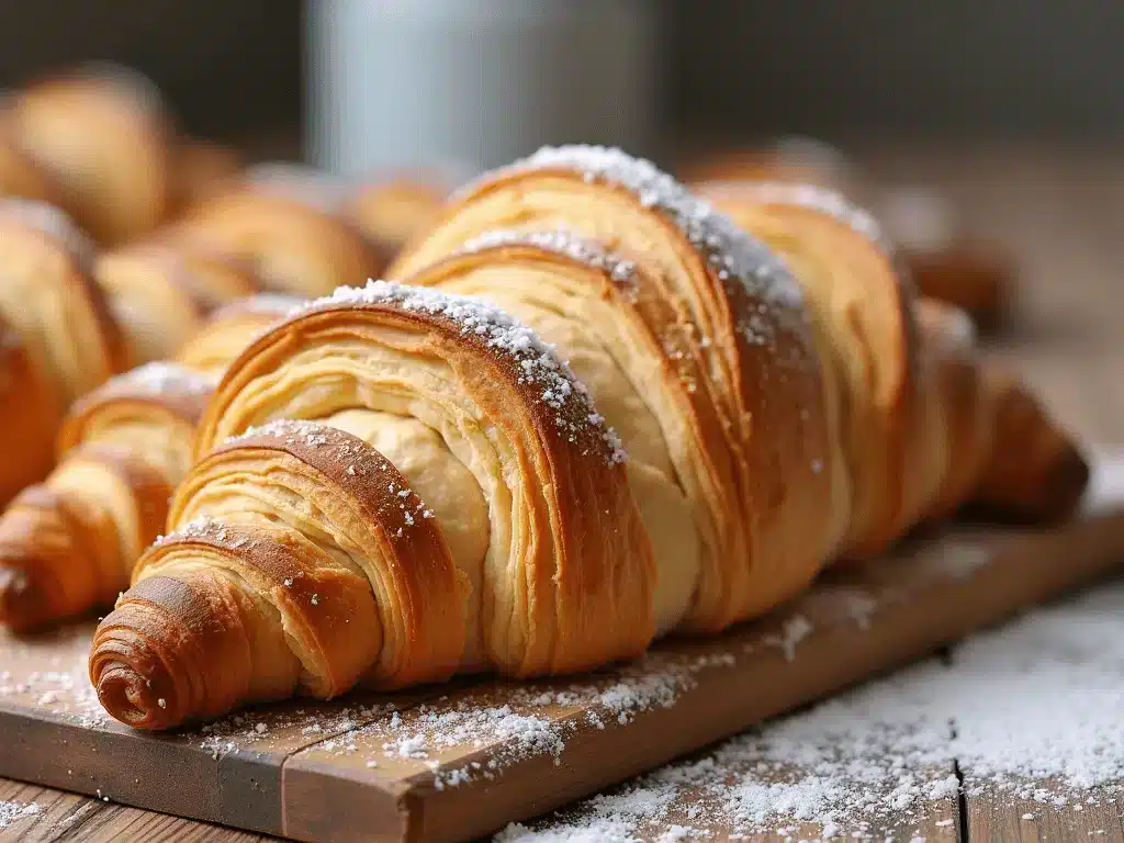 Golden-brown croissants dusted with powdered sugar, displayed on a wooden serving board with more croissants visible in the background.