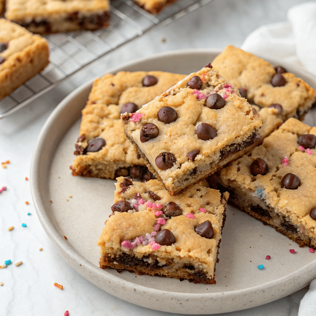 Cake mix cookie bars with chocolate chips and colorful sprinkles on a plate, with more bars cooling on a wire rack behind.