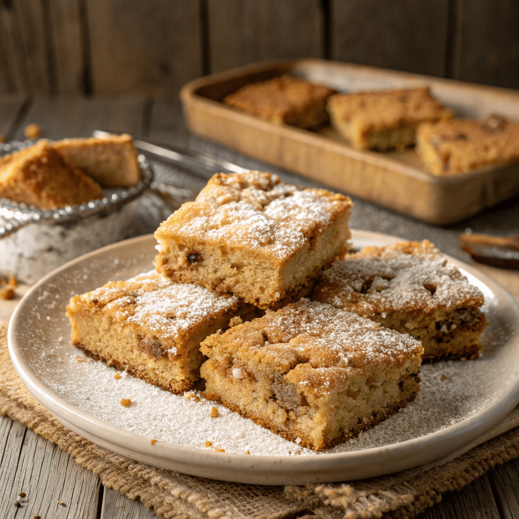Stack of cake mix cookie bars dusted with powdered sugar on a plate, with more bars in a baking dish in the background.