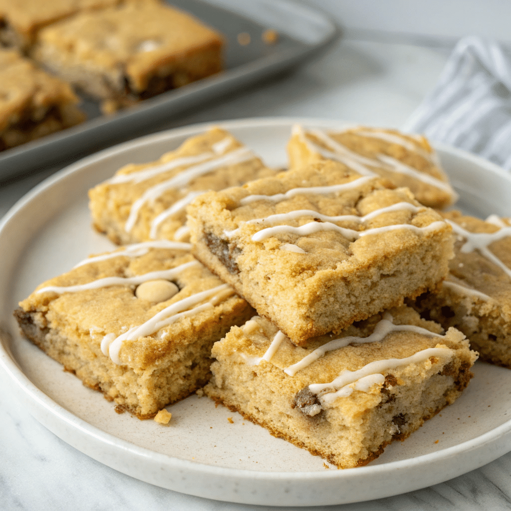 Plate of cake mix cookie bars drizzled with white icing, showing a soft and chewy texture with chocolate chips inside.