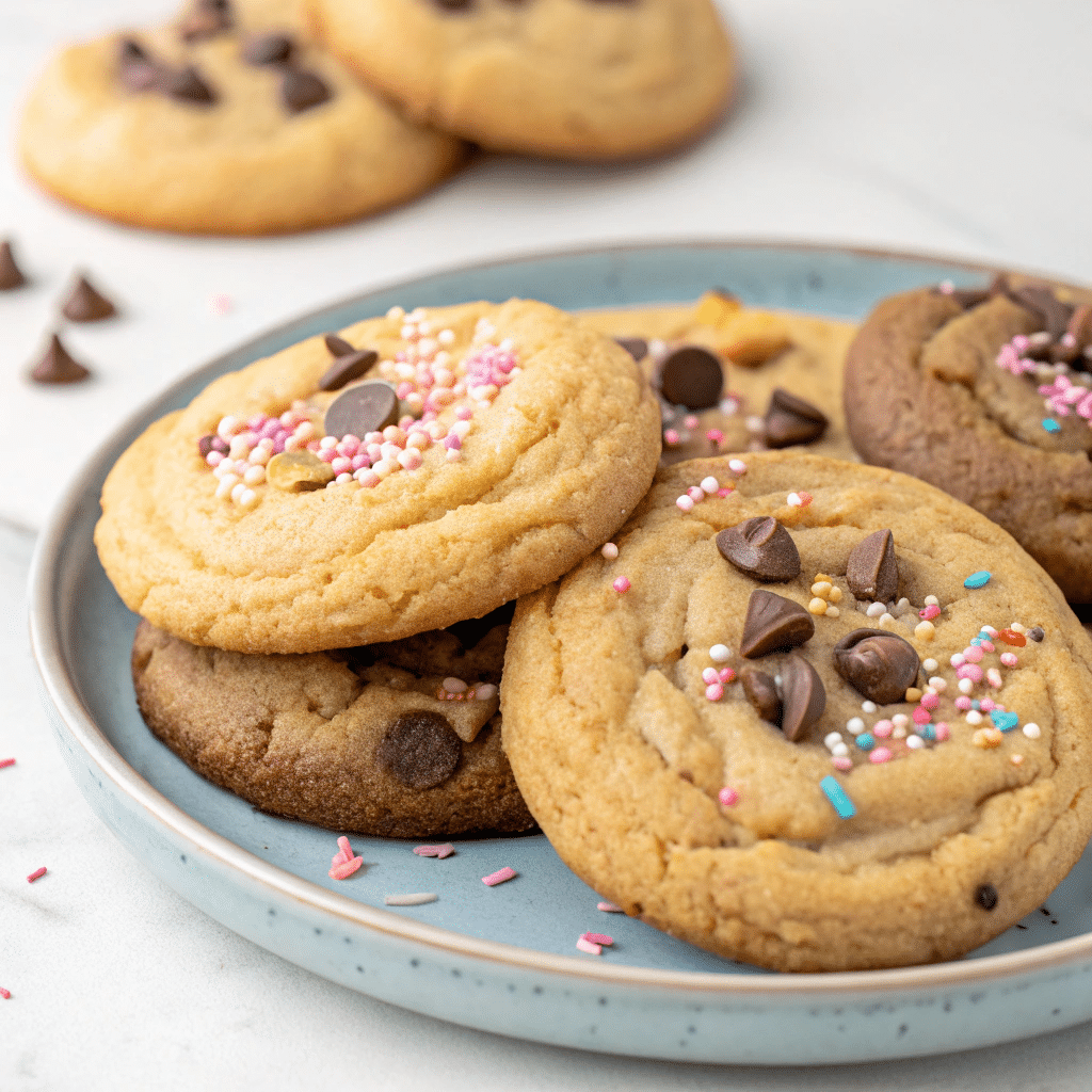 Plate of Crumbl cookies with chocolate chips and pink, white, and blue sprinkles, with additional cookies and chocolate chips in the background.