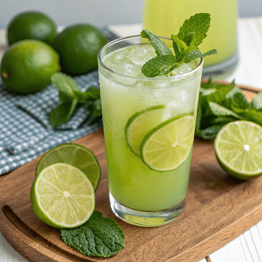 Glass of fresh lime juice with ice, garnished with lime slices and mint, surrounded by whole and halved limes and fresh mint on a wooden board.