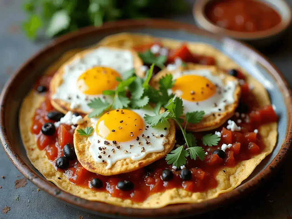 A vibrant plate of huevos rancheros featuring sunny-side-up eggs on crispy tortillas, topped with black beans, ranchero sauce, queso fresco, and fresh cilantro.