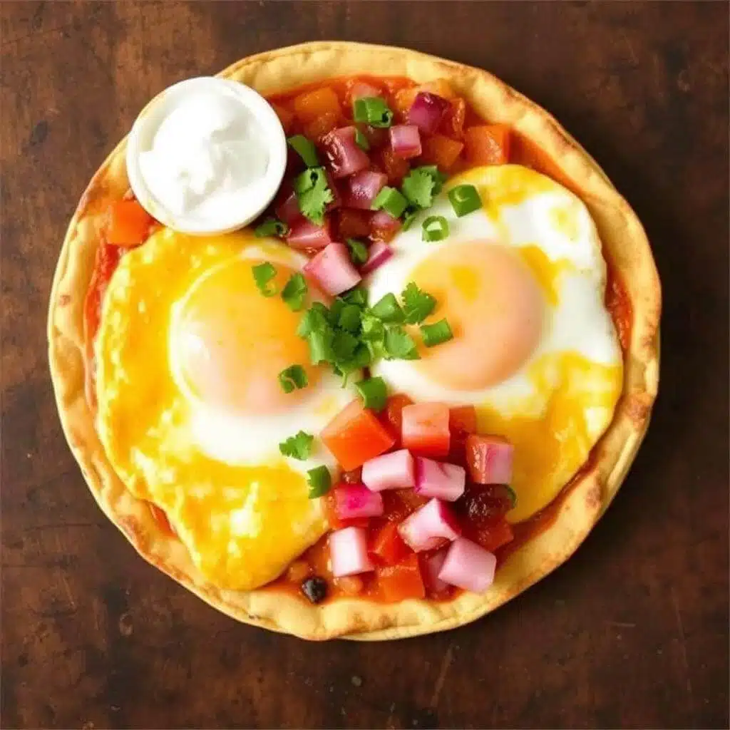 A vibrant plate of huevos rancheros with two sunny-side-up eggs on a tortilla, topped with fresh pico de gallo, melted cheese, and a dollop of sour cream.