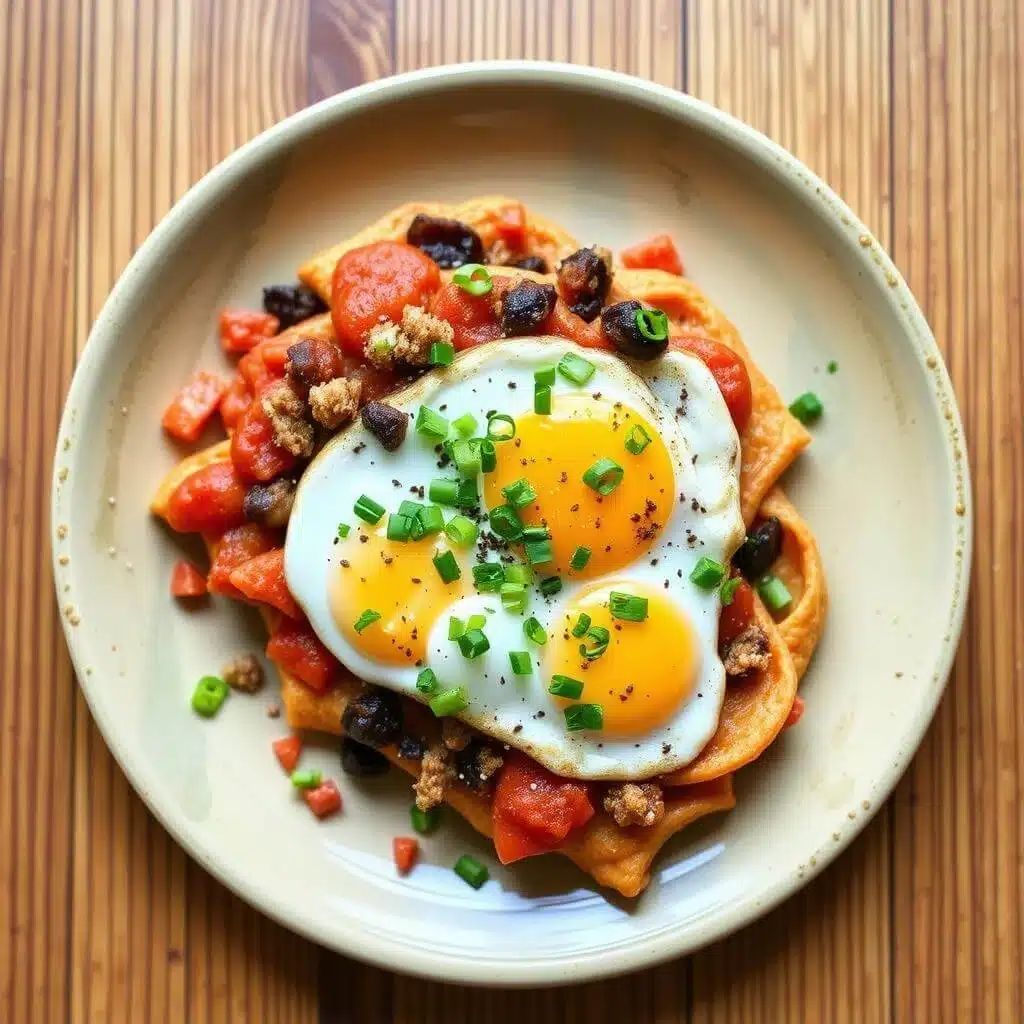 A vibrant plate of huevos rancheros featuring sunny-side-up eggs atop crispy tortillas, black beans, fresh tomatoes, and garnished with chopped green onions.