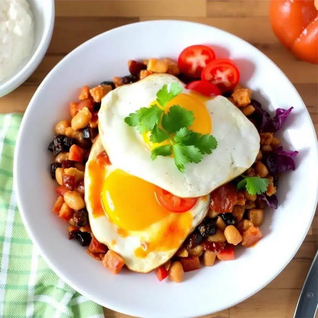 A vibrant plate of huevos rancheros with two sunny-side-up eggs, colorful beans and vegetables, cherry tomatoes, and fresh cilantro garnish.