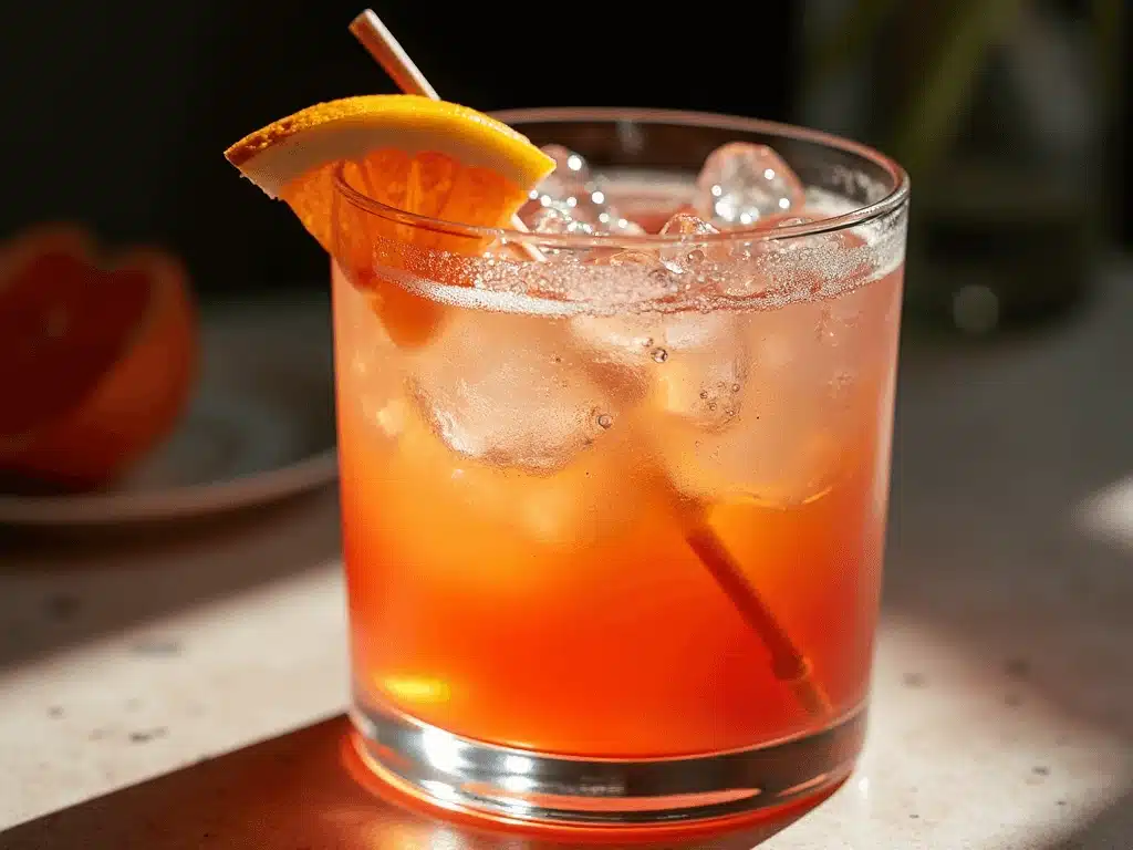 A vibrant orange cocktail served in a clear glass with ice cubes, garnished with a fresh orange slice and a straw, placed on a sunlit table.
