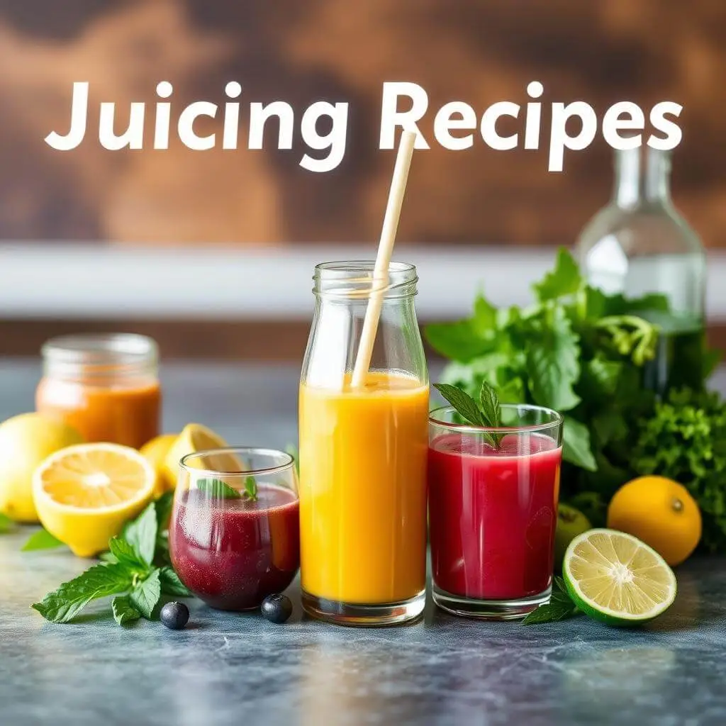 Three glasses of fresh juice in different colors - orange, red, and green - surrounded by fresh fruits and herbs on a gray surface.