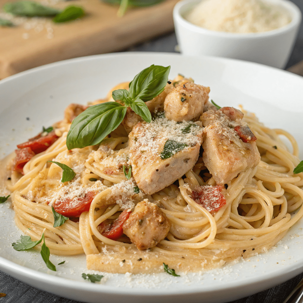 Marry Me Chicken Pasta with spaghetti, sautéed chicken pieces, sun-dried tomatoes, and fresh basil, finished with grated parmesan.