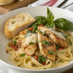 Marry Me Chicken Pasta served with fettuccine, seared chicken breast, cherry tomatoes, basil, and parmesan, accompanied by a slice of rustic bread.