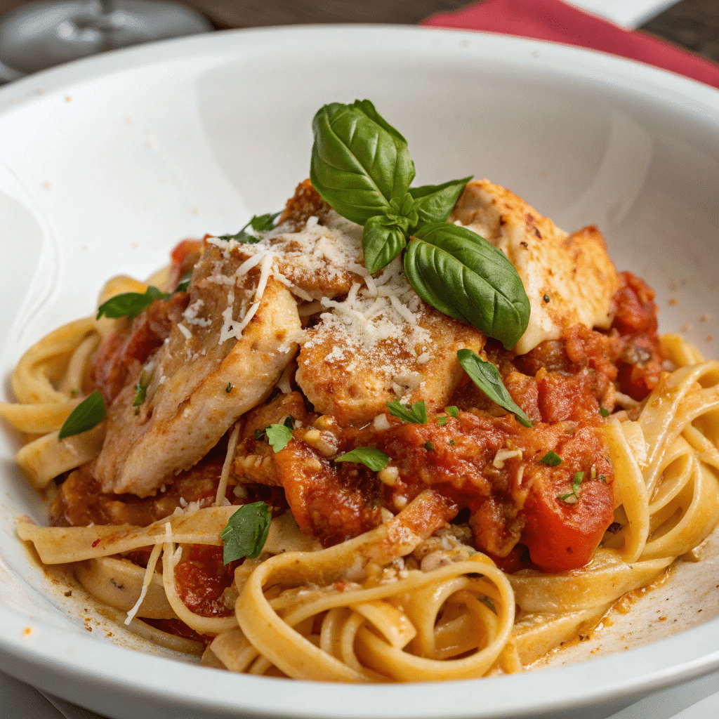 Bowl of Marry Me Chicken Pasta featuring golden chicken breast slices, fettuccine, tomato cream sauce, basil, and parmesan cheese.