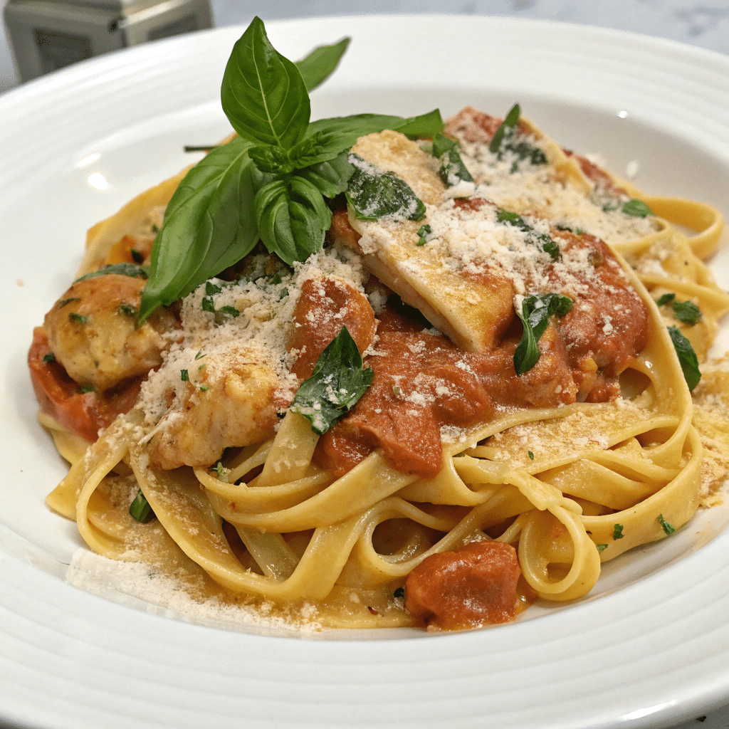 Plate of Marry Me Chicken Pasta with creamy tomato sauce, sliced chicken breast, fresh basil leaves, and grated parmesan atop fettuccine noodles.