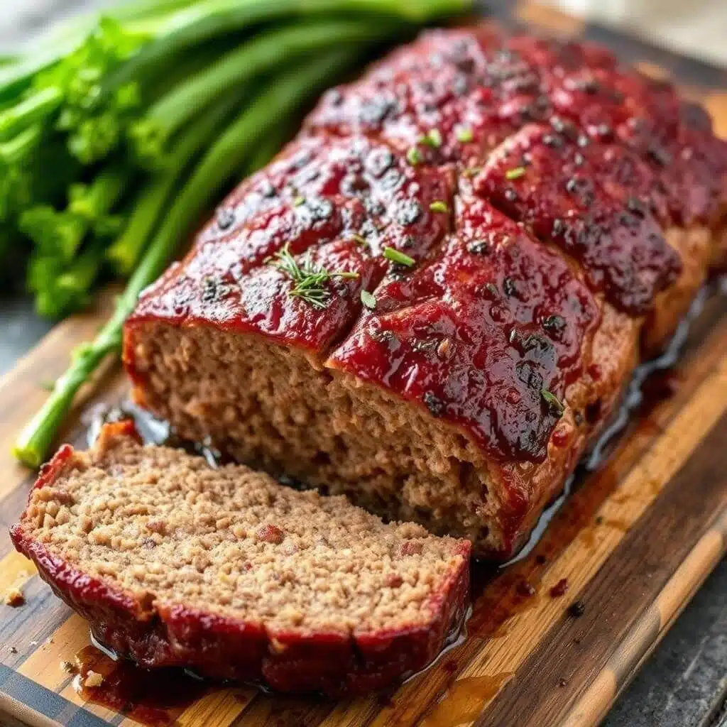 A sliced meatloaf with shiny red tomato glaze served on a wooden cutting board with fresh green asparagus on the side.
