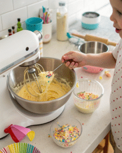 mixing bluey birthday cake batter