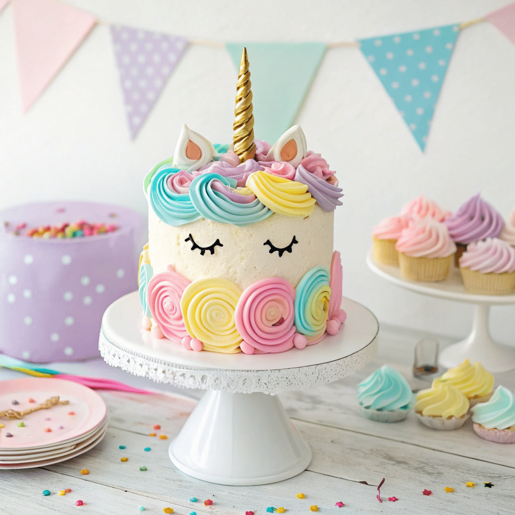 unicorn cake with rainbow mane on white cake stand