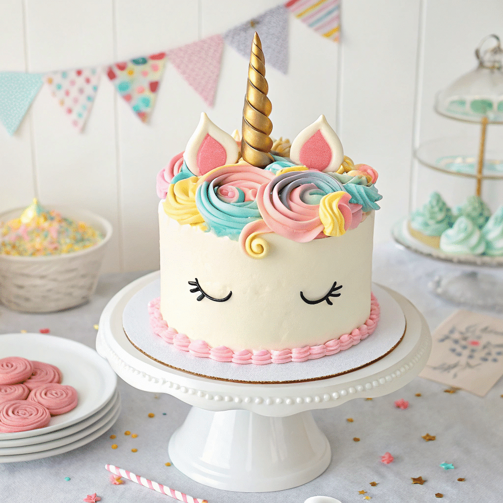 unicorn cake with rainbow mane on white cake stand