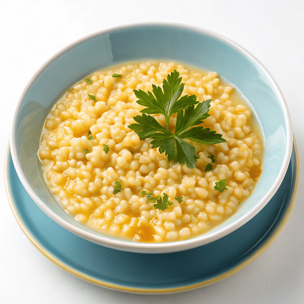 Simple pastina in broth, garnished with parsley, served in a blue bowl.
