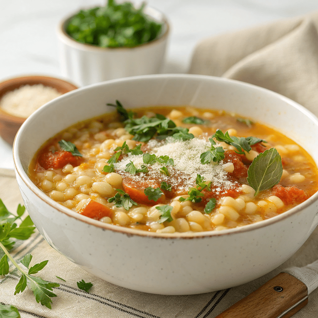 Bowl of pastina soup with carrots, tomato, parsley, and grated cheese on top.