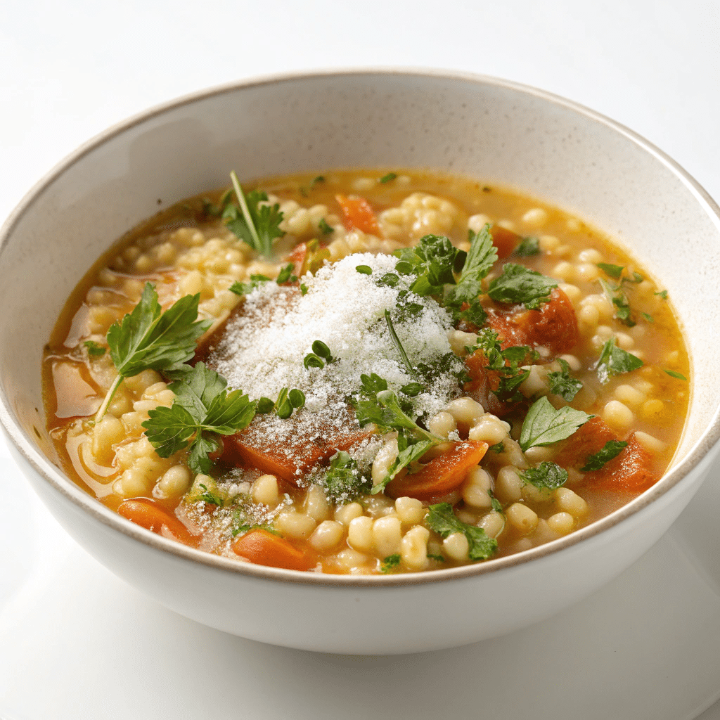 Close-up of pastina soup with carrots, parsley, and a generous topping of grated cheese.