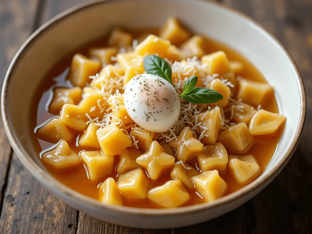A bowl of pastina soup with small star-shaped pasta in broth, topped with a soft-boiled egg, grated cheese, and fresh basil leaves.