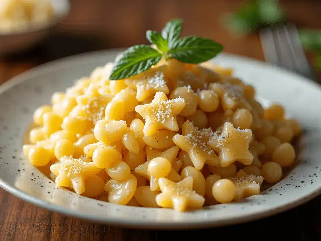 A plate of buttered pastina featuring star-shaped pasta and acini di pepe, topped with grated Parmesan cheese and a fresh mint leaf.