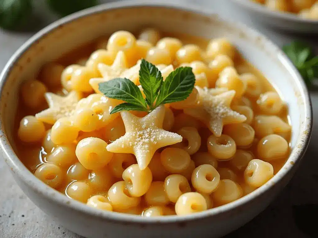 A bowl of pastina soup with small star-shaped pasta in golden broth, garnished with fresh mint leaves and a sprinkle of Parmesan cheese.