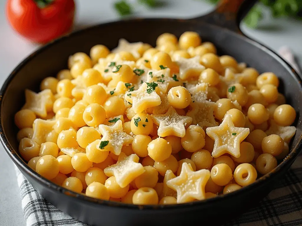 A black cast iron pan filled with pastina pasta, featuring star-shaped pasta and small round acini di pepe, sprinkled with grated Parmesan cheese and fresh herbs.