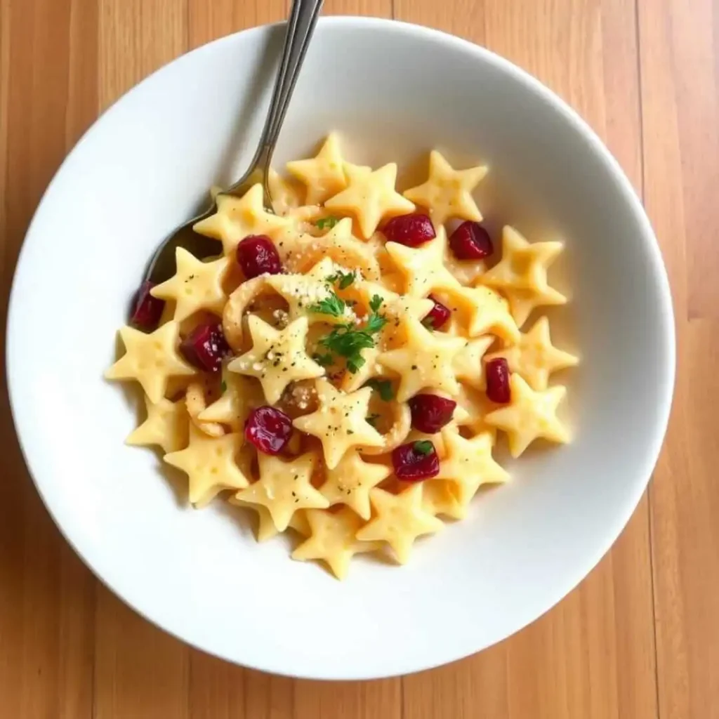 A white bowl of star-shaped pastina pasta with cranberries and fresh herbs, served with a silver spoon on a wooden table.