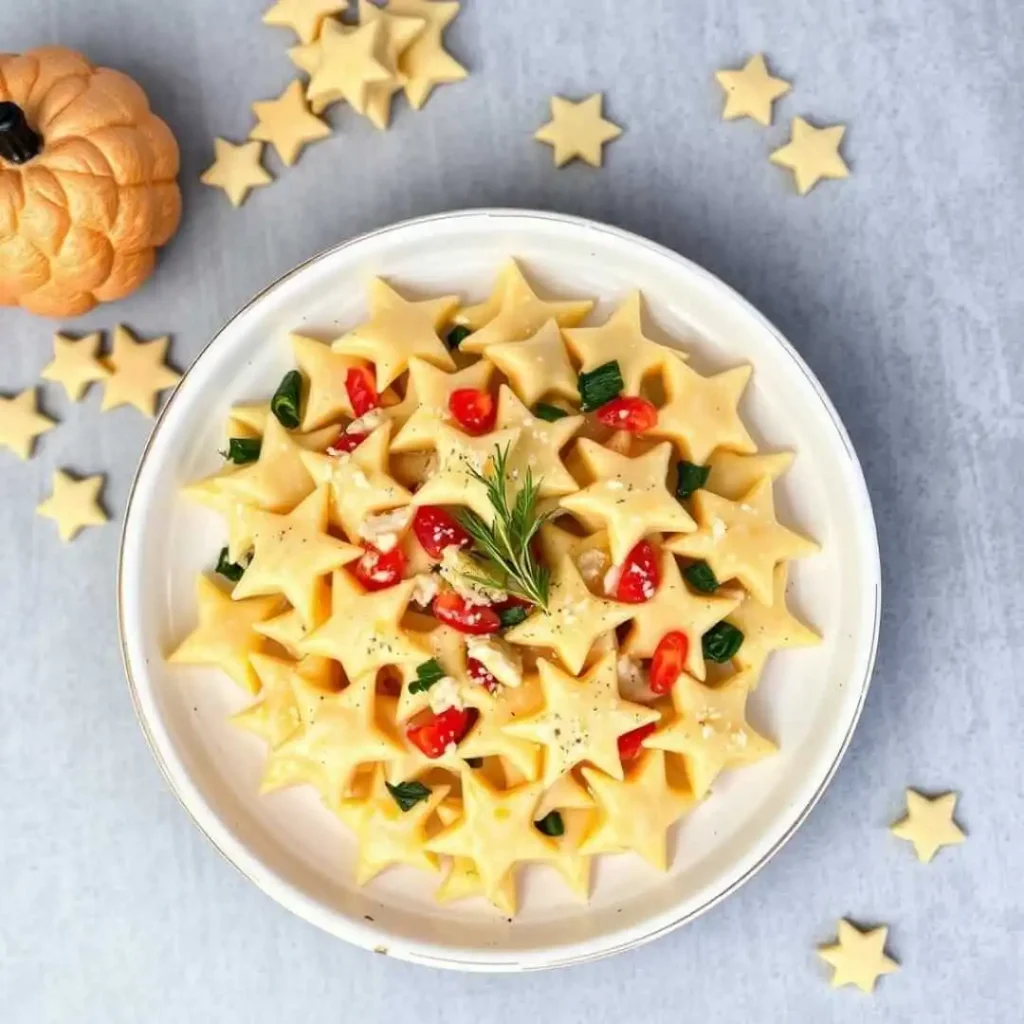 A white bowl of star-shaped pastina pasta in creamy sauce with red chili peppers and fresh herbs, surrounded by uncooked star pasta on a light blue surface with a small decorative pumpkin.