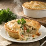 Pillsbury chicken pot pie with a flaky crust cut open, showing creamy chicken, carrots, and herbs inside, garnished with parsley on a white plate.