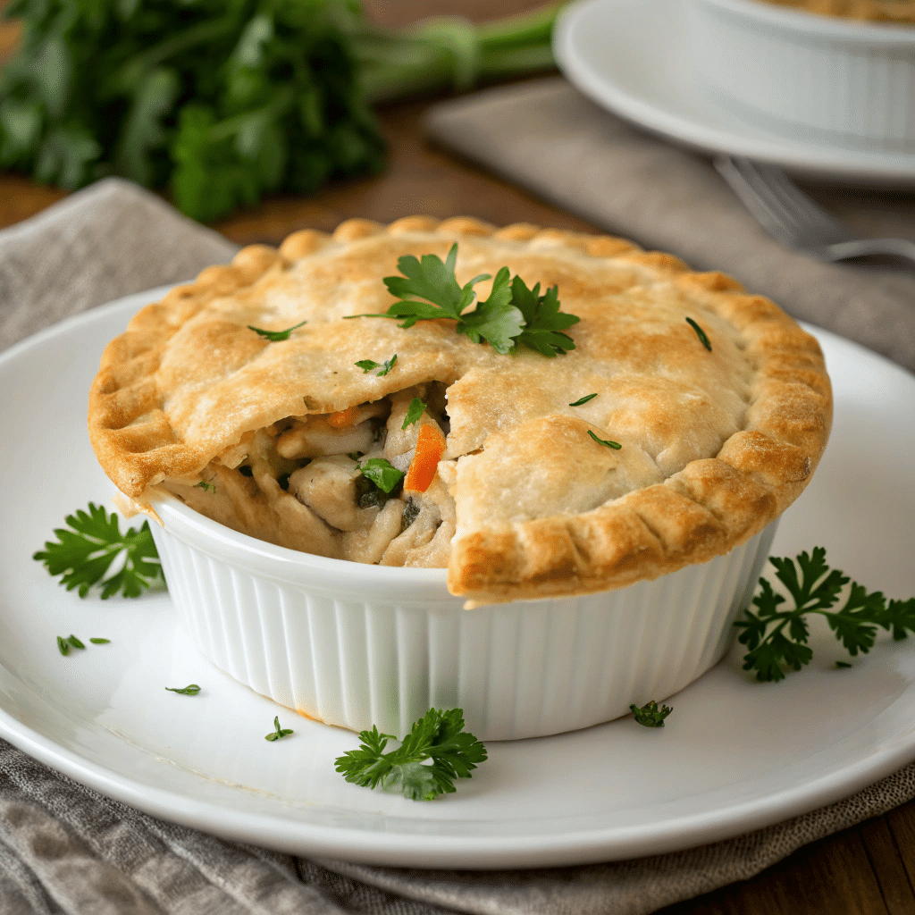 Pillsbury chicken pot pie in a white ramekin with a golden crust, garnished with fresh parsley and filled with chicken and vegetables, presented on a white plate.