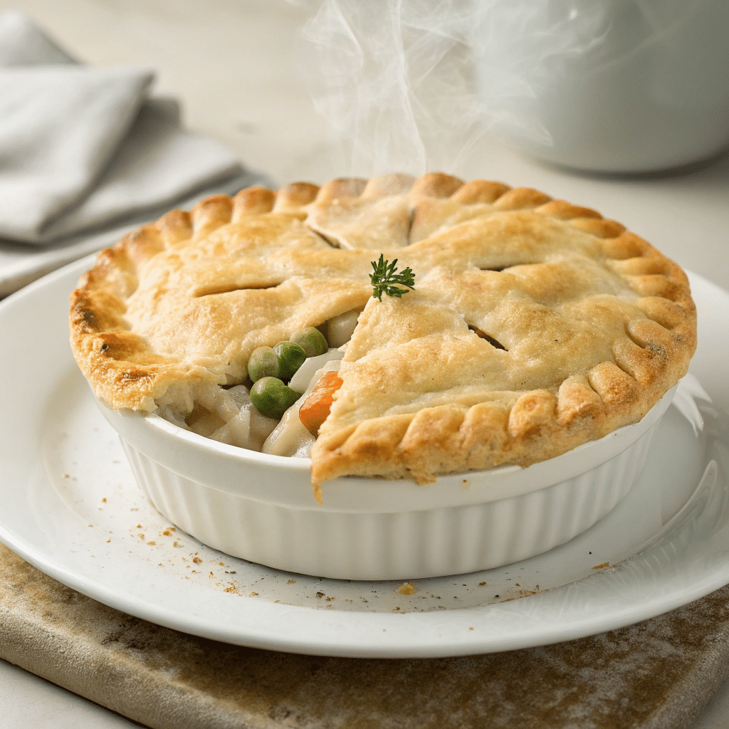 Steaming Pillsbury chicken pot pie in a white ramekin with a golden, flaky crust, garnished with parsley and filled with peas, carrots, and chicken.
