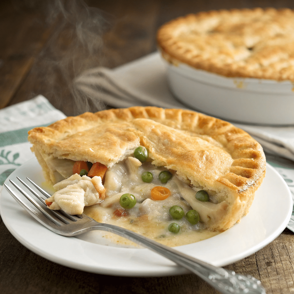Pillsbury chicken pot pie with a golden crust, cut open to reveal creamy filling with peas, carrots, and chicken, served on a white plate with a fork.
